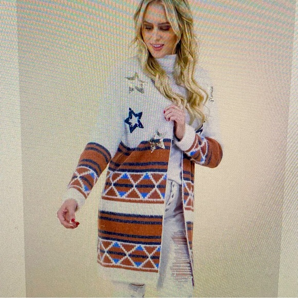 Original USA Geo eyelash Cardigan w/ sequin stars - Picture 1 of 3